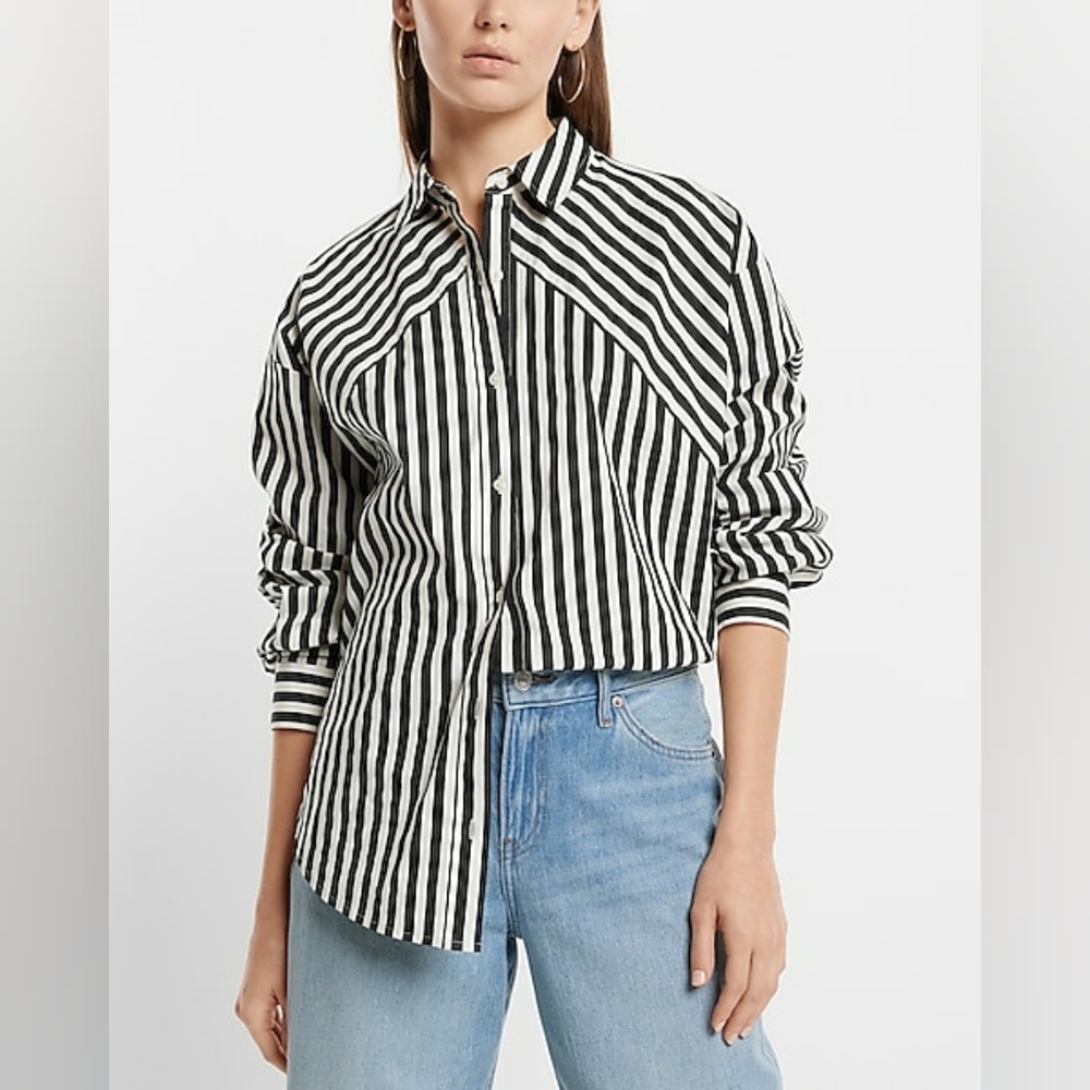 NWT Express Cotton-Blend Striped Boyfriend Portofino Shirt Sz S